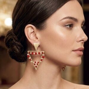 Gold and Red Triangle Earrings